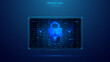 © AhmadTriwahyuutomo - blockchain security technology and binary code on tablet screen. blue low poly style background.