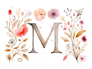 Simplistic watercolor illustration of letter M with cute wildflowers on white