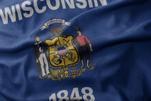 Waving National Flag Of Wisconsin State. Macro Shot