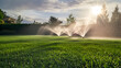 Irrigation sprinklers water lush grass, sunlight filters through fine mist, early morning care