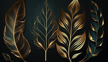 Luxurious Dark Abstract Art Background With A Set Of Leaves In Golden Art Line Style. Animalistic Banner For Decoration, Print, Wallpaper, Poster, Textile, Interior Design
