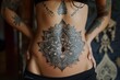 a close up of a female belly with full tattooed skin, full body tattoo goth girl, gothic female stomach floral pattern inked, belly button around, bare athlete woman abs, AI Generated.