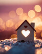 © alionaprof - Miniature house with heart shape window on sunset background. Sweet home concept. Family warmth, love and protection