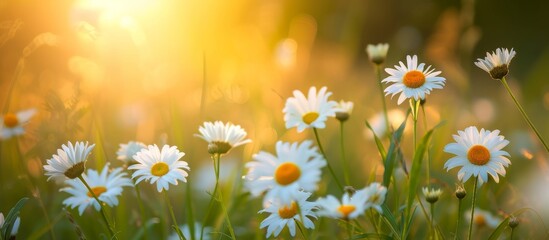 Poster - Focus on daisy flowers and nature in meadow.