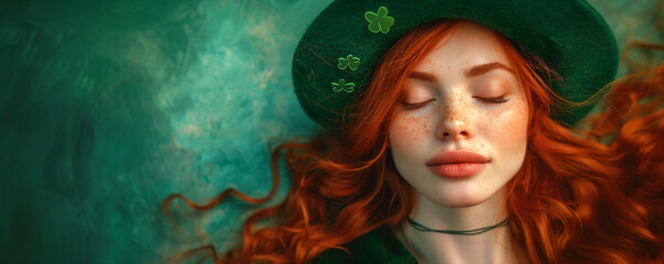 Wall Mural - Beautiful smiling leprechaun redhaired girl wearing green lucky hat on green background with shamrock leaves. Young women with beer celebrating St. Patrick's Day. Leprechaun cap. Copy space