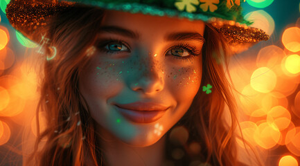 Wall Mural - Beautiful smiling leprechaun redhaired girl wearing green lucky hat on green background with shamrock leaves. Young women with beer celebrating St. Patrick's Day. Leprechaun cap