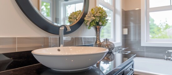 Poster - Contemporary bathroom decor with circular mirror and dark countertop.