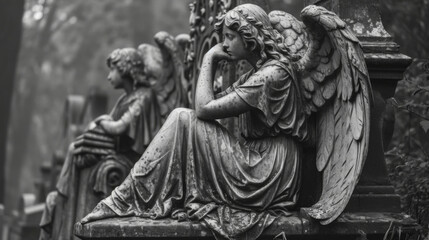Wall Mural - A melancholic angel sits upon a stone bench lost in thought as they gaze up at a towering tombstone adorned with intricate Gothic designs.