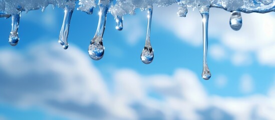 Sticker - Dripping water against the sky in spring due to melting snow and ice relates to meteorology and global warming.