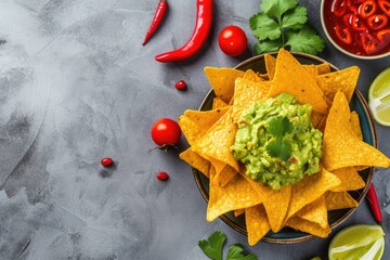 Sticker - Gray concrete background Top view of Mexican food with guacamole nachos Copy space