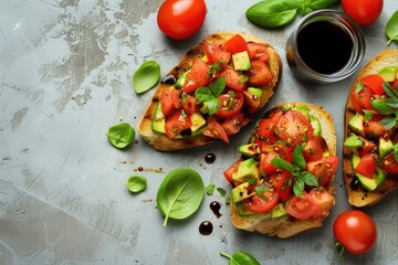 Sticker - Avocado tomato and balsamic vinegar on gray table top view