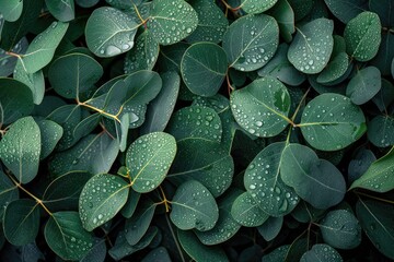 Green eucalyptus leaves with raindrop dew used as background texture flat lay top view