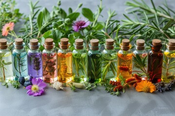 Poster - Healing and alternative medicine with essential oil bottles of rosemary calendula tansy thuja thyme bergamot chamomile