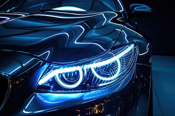 Wall Mural - Powerful grey sports car with blue glare from headlights on dark background