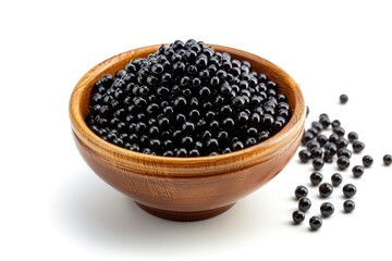 Poster - Black tapioca pearls for bubble tea in a bowl white background