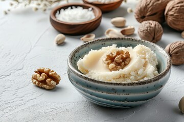 Wall Mural - Shea butter nuts and cosmetics in a bowl on a bright backdrop