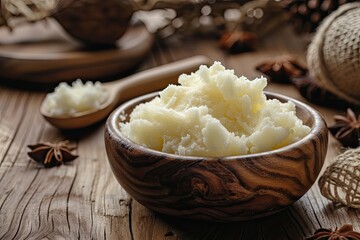 Wall Mural - Bowl of shea butter on wooden surface