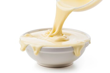 Canvas Print - Pouring condensed milk into a bowl isolated on white