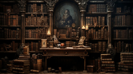 Ancient gothic library, dark and eerie library, magic medieval library full of old ancient books. Old wooden shelves holding many historical books and manuscripts.