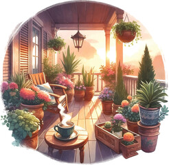 Terrace with indoor plants in round shape