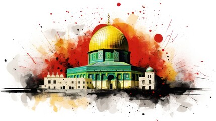 Wall Mural - Muslim mosque golden dome Watercolor illustration, decorative ornaments celebrating Eid al-Fitr and the month of Ramadan.