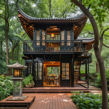 Tiny Two Floor Timber Frame House With Double Front Doors And Terrace With Lantern And Oriental Theme Design