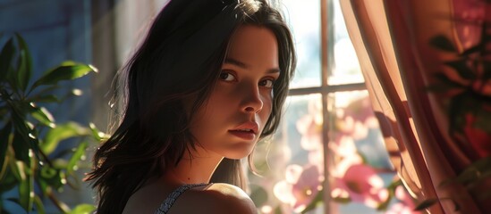 Sticker - Beautiful brunette, awoken by the morning sun, gazes out of her sunlit apartment.