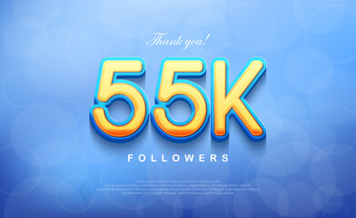 55k number for thanking followers, unique bokeh blue background. Premium vector background for achievement celebration design.