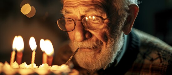 Poster - Elderly gentleman observing cake and extinguishing candles.