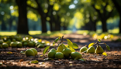 Wall Mural - Fresh organic fruit on a green leaf in the sunlight generated by AI