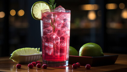 Wall Mural - Refreshing summer cocktail with lime, mint, and raspberry garnish generated by AI