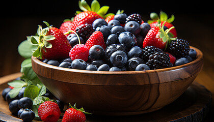 Wall Mural - Freshness of summer berries on a rustic wooden table generated by AI
