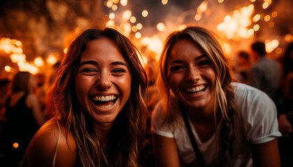 Canvas Print - Young women enjoying a cheerful night of friendship and fun generated by AI