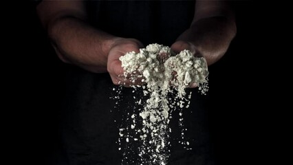 Poster - Flour in the hands of a cook. Filmed on a high-speed camera at 1000 fps. High quality FullHD footage