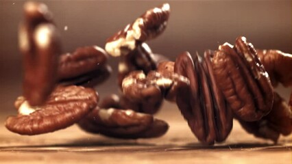 Poster - Pecans fall on the table. Filmed on a high-speed camera at 1000 fps. High quality FullHD footage