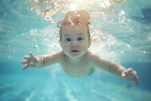 Adorable Baby Experiencing The Joy Of Swimming In A Pool First Time. With A Big Smile On Face