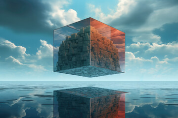 3D Cube Blocks Floating, Cube Luminous Reflecting or Projecting Scene, Inception, Optical Illusion, Cinematic, Night City Background