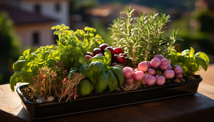 Wall Mural - Fresh, healthy, organic vegetables nature gourmet meal on a wooden table generated by AI