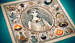 An artistic tapestry featuring Hestia and her symbols, illustrated in a whimsical animated art style.