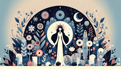 A whimsical animated art style depiction of Persephone amidst unique, underworld flora in her otherworldly garden.