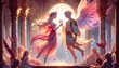 A whimsical, animated art style depiction of Psyche and Eros, showcasing their love story.