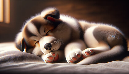 A photorealistic image of a peaceful Alaskan Shepherd puppy sleeping, in a 16_9 aspect ratio.