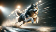 A photorealistic image of an Alaskan Shepherd dog captured in a dynamic action shot, in a 16_9 aspect ratio.