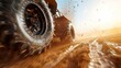 A slowmotion shot captures the moment a nitro car launches off the starting line its tires gripping the sand as it accelerates towards the finish line.