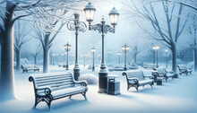 Snowy City Parks With Benches And Lamp Posts, Where The Main Part Of The Image Is A Plain Color Suitable For A Background.