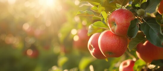 Wall Mural - Sunlight filters through foliage onto ripe apples in orchard with shallow focus.