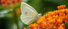 Cabbage White Butterfly On Butterfly Weed's Orange Bloom In Close-up.