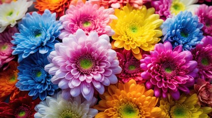 Poster - Rainbow Daisies. Chrysanthemum Rainbow Flower. Bouquets of blossom rainbow Chrysanthemum flowers, selective focus