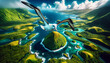 Albatross over a lush green island, showcasing the natural habitat in vivid detail.