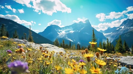 Poster - Tall colorful wild flowers in front of mountain range outlook in Banff National Park Canada